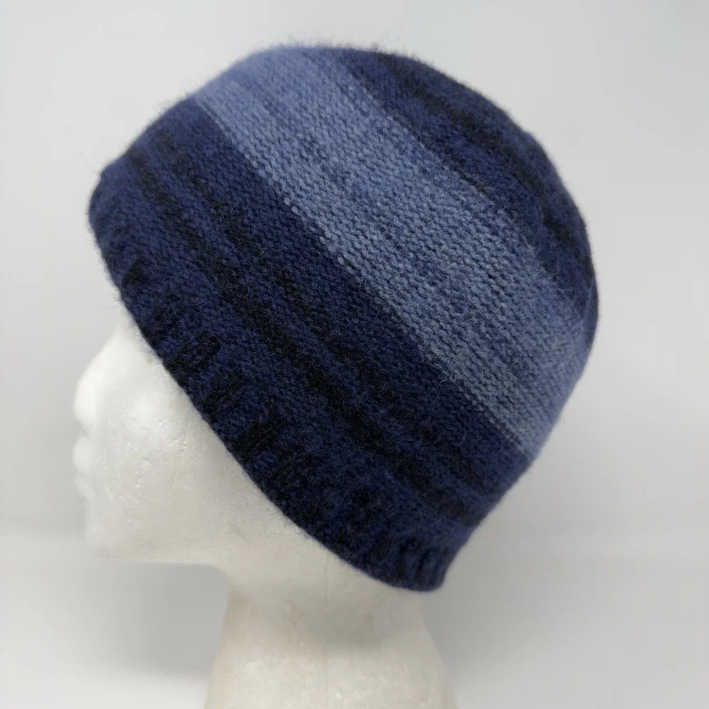 Turtle‎ Fur Blue Stipe Knit Lambswool Blend Winter Beanie Fleece Lined